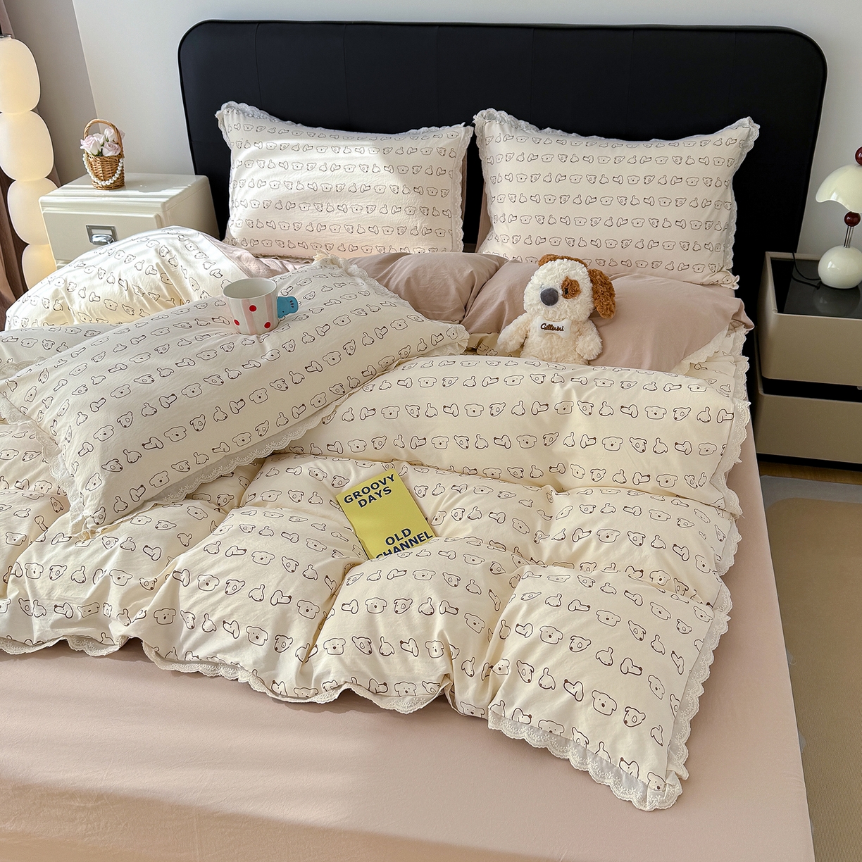 91家纺网 家纺一手货源 找家纺 竹合 2026新款田园韩版花边款小碎花古法水洗仿棉A类云感棉四件套 萌宠