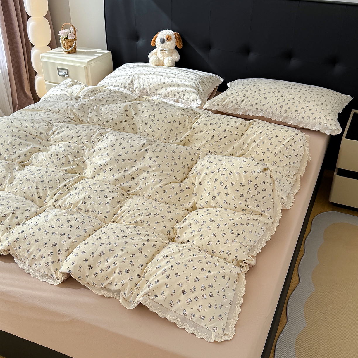 91家纺网 家纺一手货源 找家纺 竹合 2026新款田园韩版花边款小碎花古法水洗仿棉A类云感棉四件套 暗香