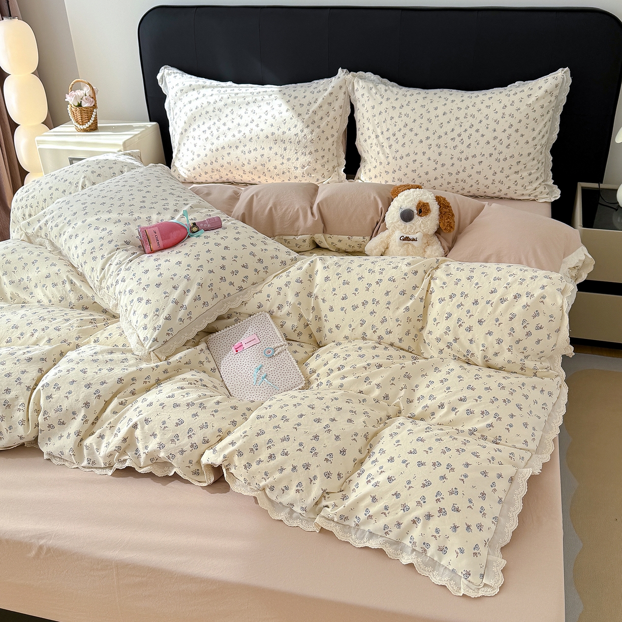 91家纺网 家纺一手货源 找家纺 竹合 2026新款田园韩版花边款小碎花古法水洗仿棉A类云感棉四件套 暗香