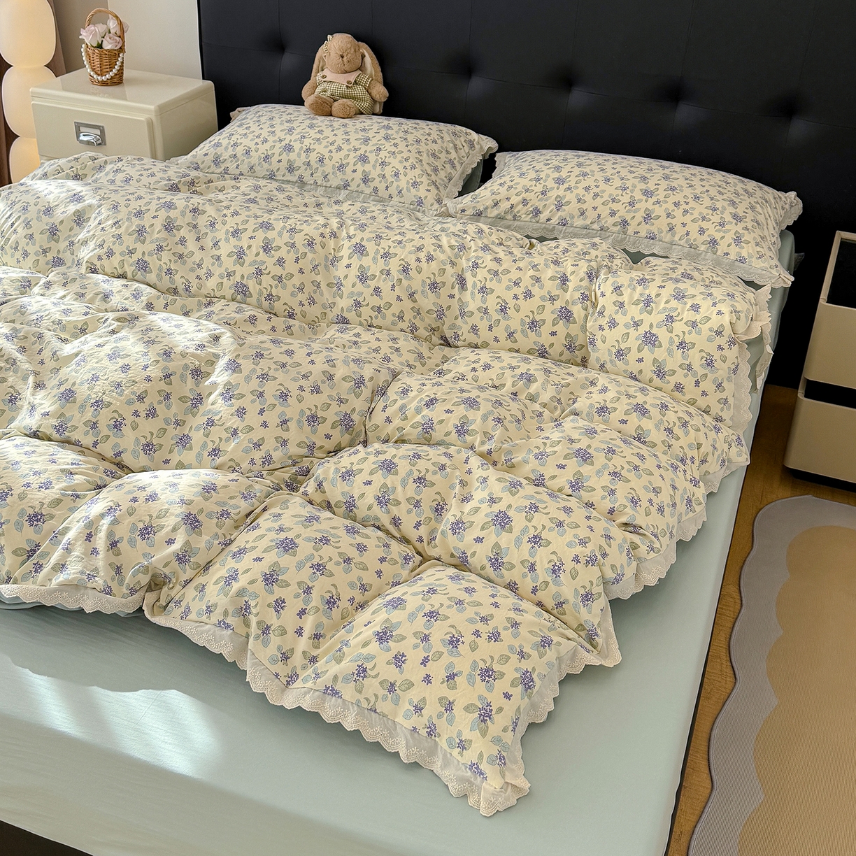 91家纺网 家纺一手货源 找家纺 竹合 2026新款田园韩版花边款小碎花古法水洗仿棉A类云感棉四件套 绿野仙踪