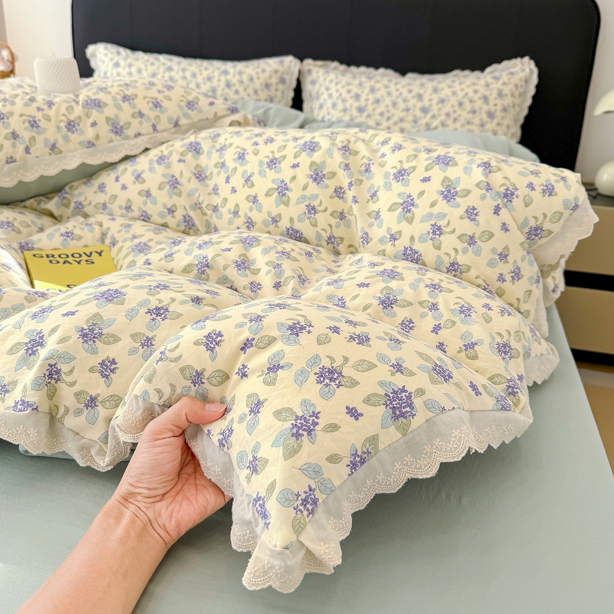 91家纺网 家纺一手货源 找家纺 竹合 2026新款田园韩版花边款小碎花古法水洗仿棉A类云感棉四件套 绿野仙踪