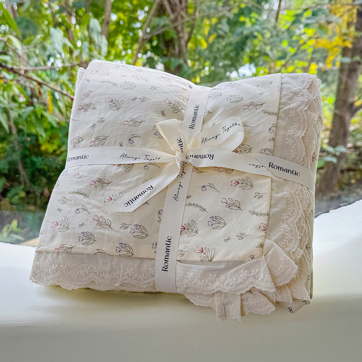 91家纺网 家纺一手货源 找家纺 竹合 2026新款田园韩版花边款小碎花古法水洗仿棉A类云感棉四件套 千寻绿