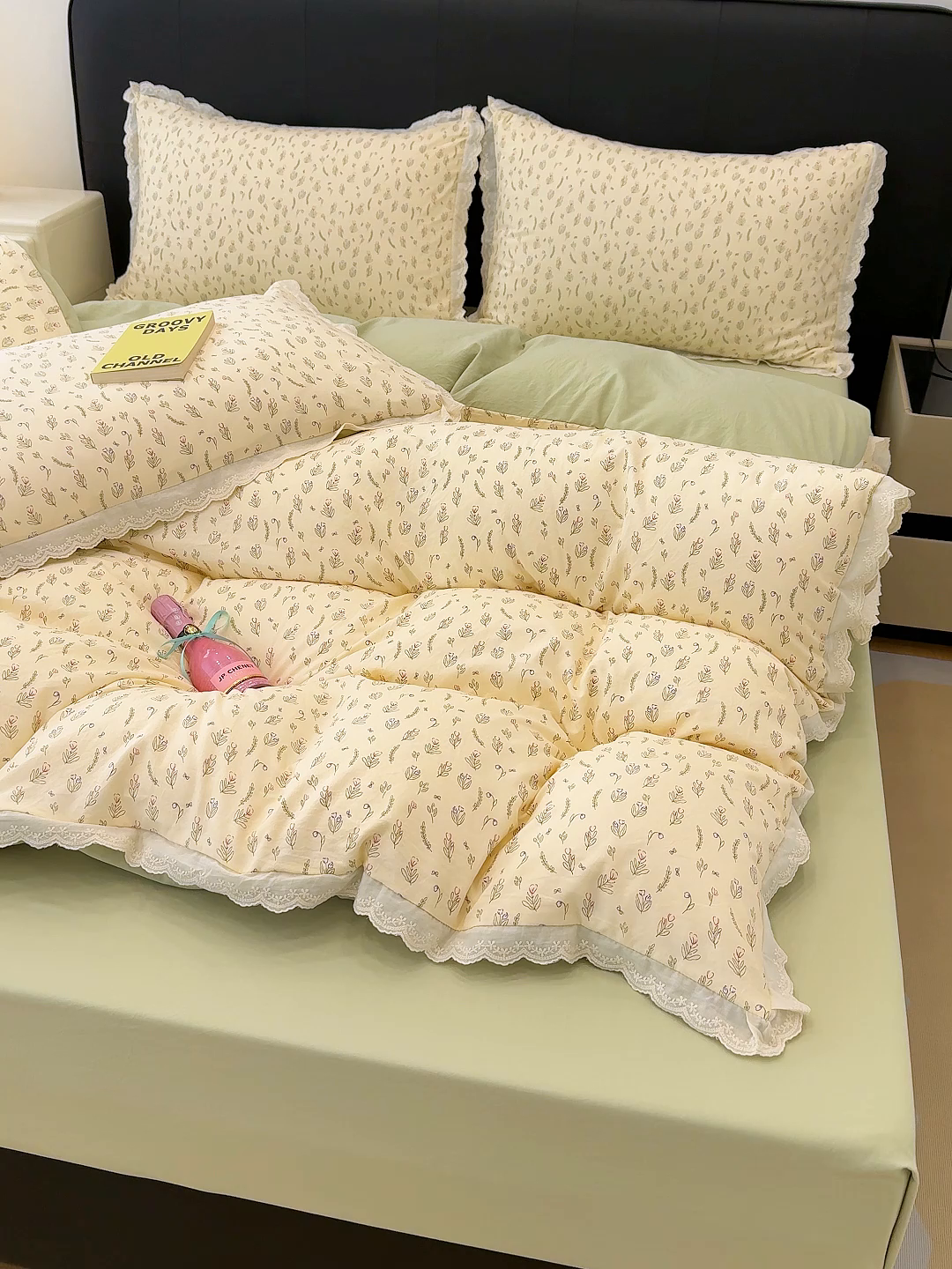 91家纺网 家纺一手货源 找家纺 竹合 2026新款田园韩版花边款小碎花古法水洗仿棉A类云感棉四件套 千寻绿