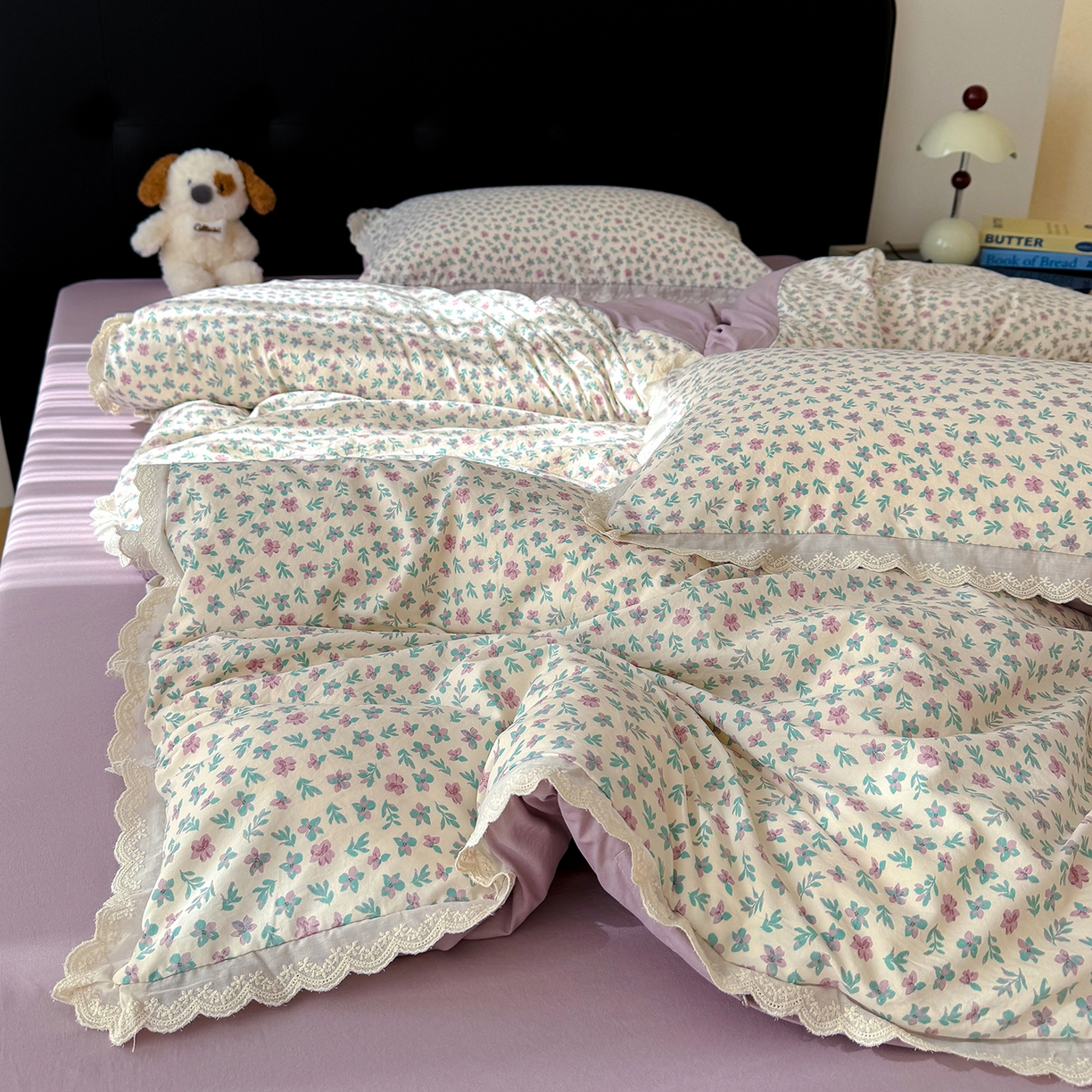 91家纺网 家纺一手货源 找家纺 竹合 2026新款田园韩版花边款小碎花古法水洗仿棉A类云感棉四件套 花田故事