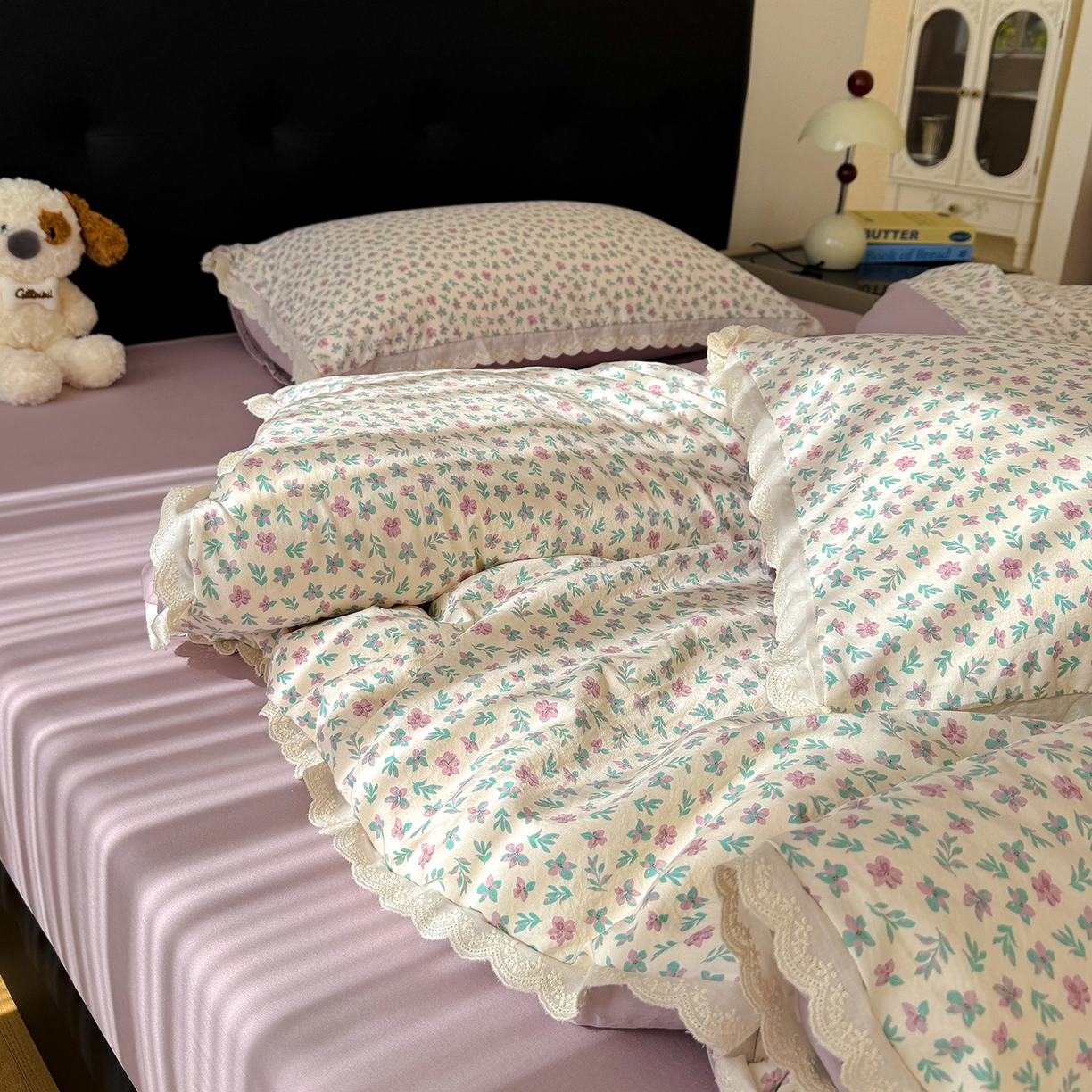 91家纺网 家纺一手货源 找家纺 竹合 2026新款田园韩版花边款小碎花古法水洗仿棉A类云感棉四件套 花田故事