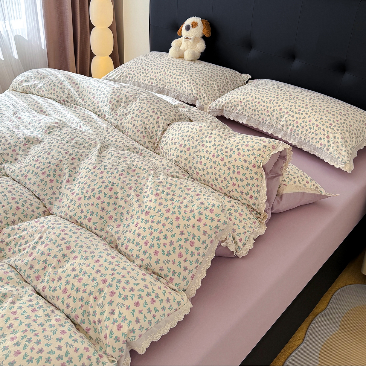 91家纺网 家纺一手货源 找家纺 竹合 2026新款田园韩版花边款小碎花古法水洗仿棉A类云感棉四件套 花田故事