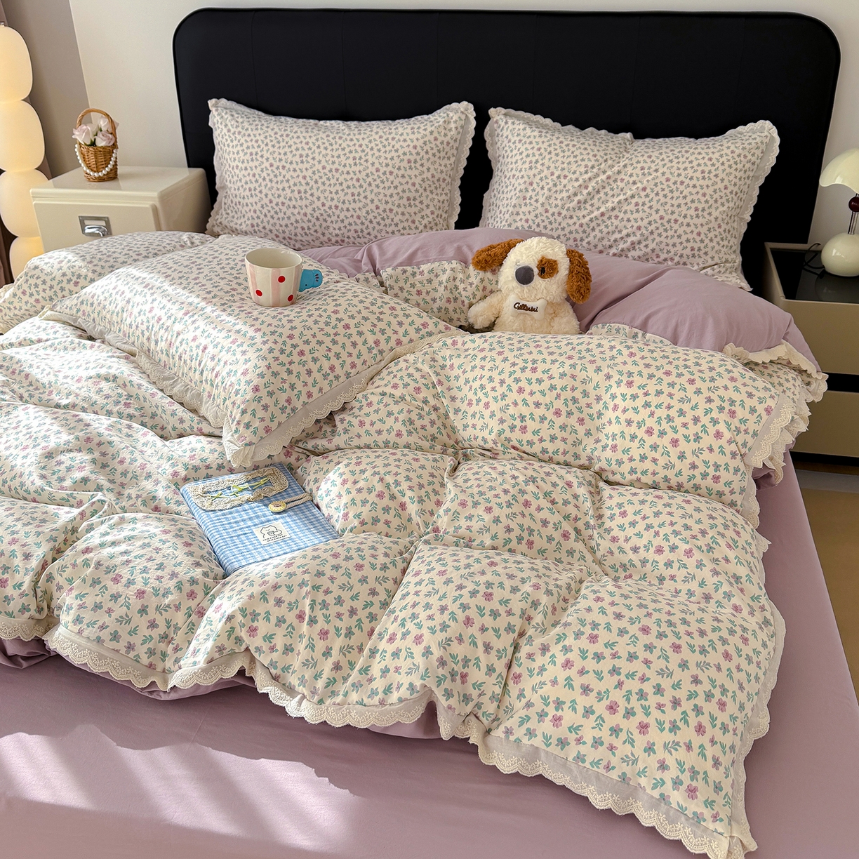 91家纺网 家纺一手货源 找家纺 竹合 2026新款田园韩版花边款小碎花古法水洗仿棉A类云感棉四件套 花田故事