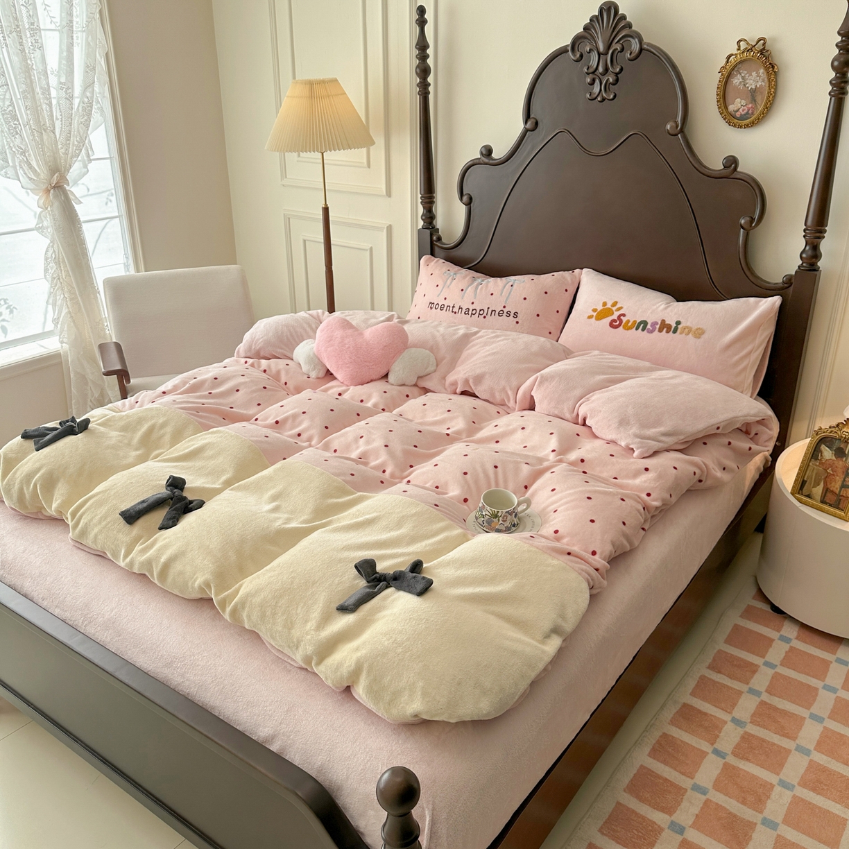 91家纺网 家纺一手货源 找家纺 子钦家纺 2025秋冬新款加厚牛奶绒复古公主风毛巾绣床单床笠四件套 牛奶绒法式复古风-粉波点