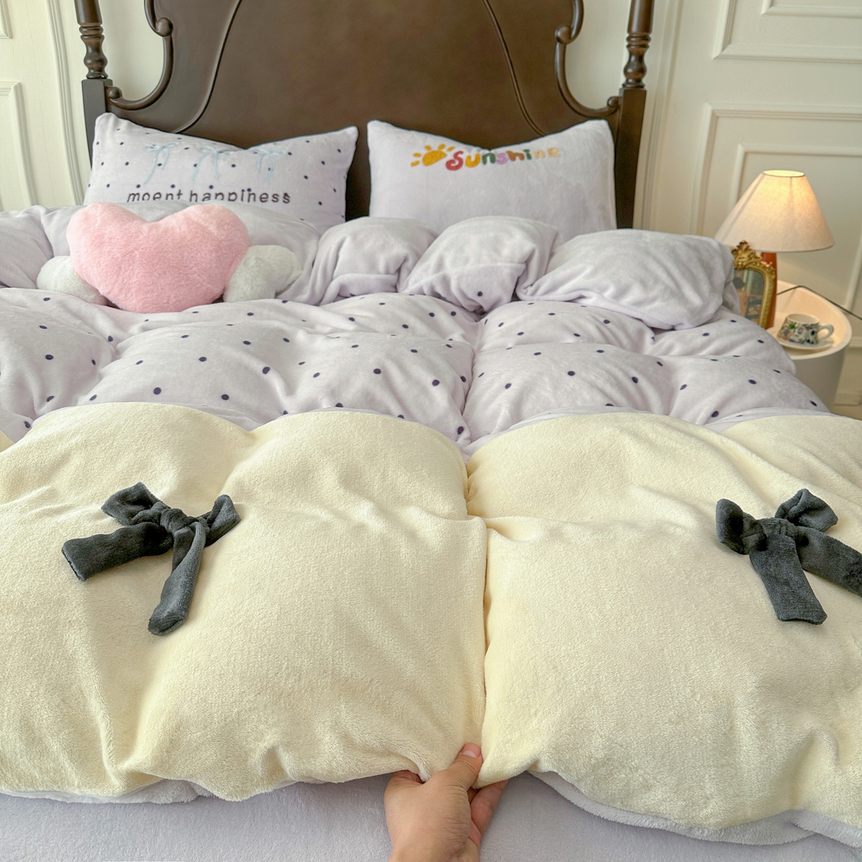 子钦家纺 2025秋冬新款加厚牛奶绒复古公主风毛巾绣床单床笠四件套 牛奶绒法式复古风-紫波点