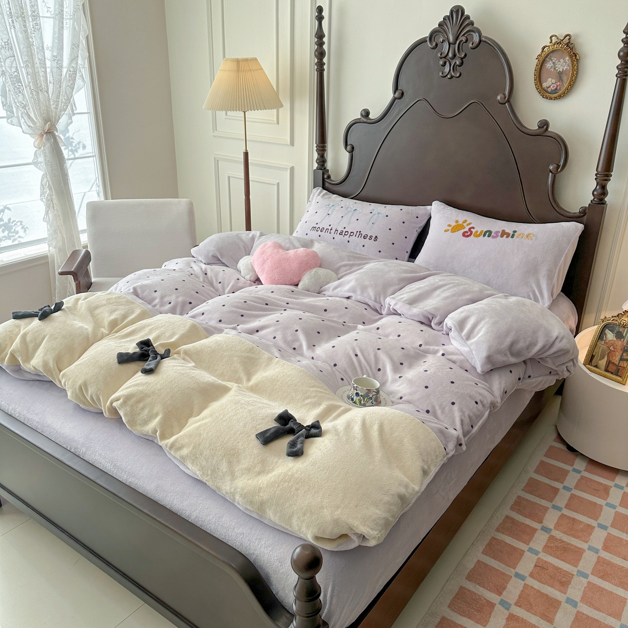 91家纺网 家纺一手货源 找家纺 子钦家纺 2025秋冬新款加厚牛奶绒复古公主风毛巾绣床单床笠四件套 牛奶绒法式复古风-紫波点