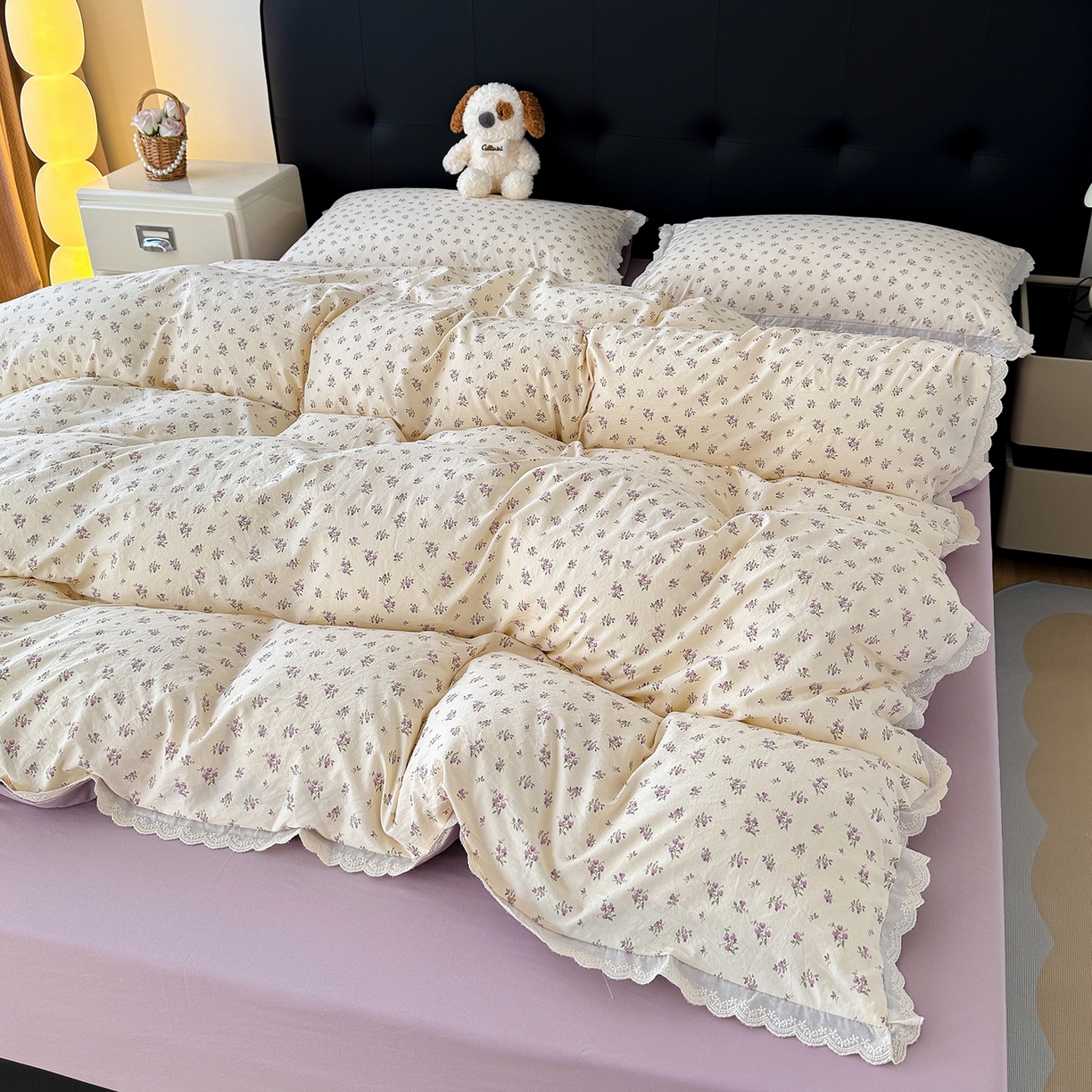 91家纺网 家纺一手货源 找家纺 竹合 2026新款田园韩版花边款小碎花古法水洗仿棉A类云感棉四件套 午后花园紫