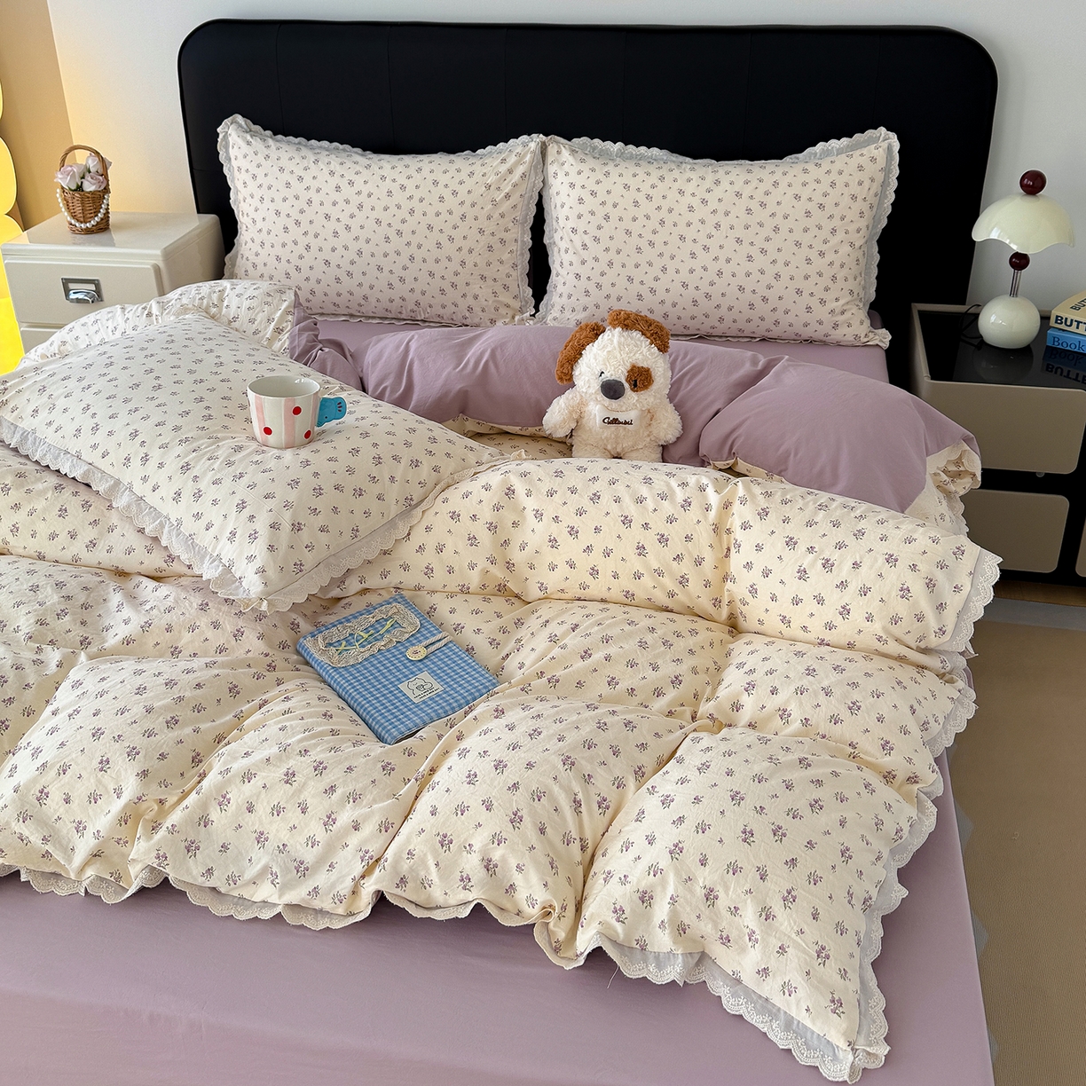 91家纺网 家纺一手货源 找家纺 竹合 2026新款田园韩版花边款小碎花古法水洗仿棉A类云感棉四件套 午后花园紫