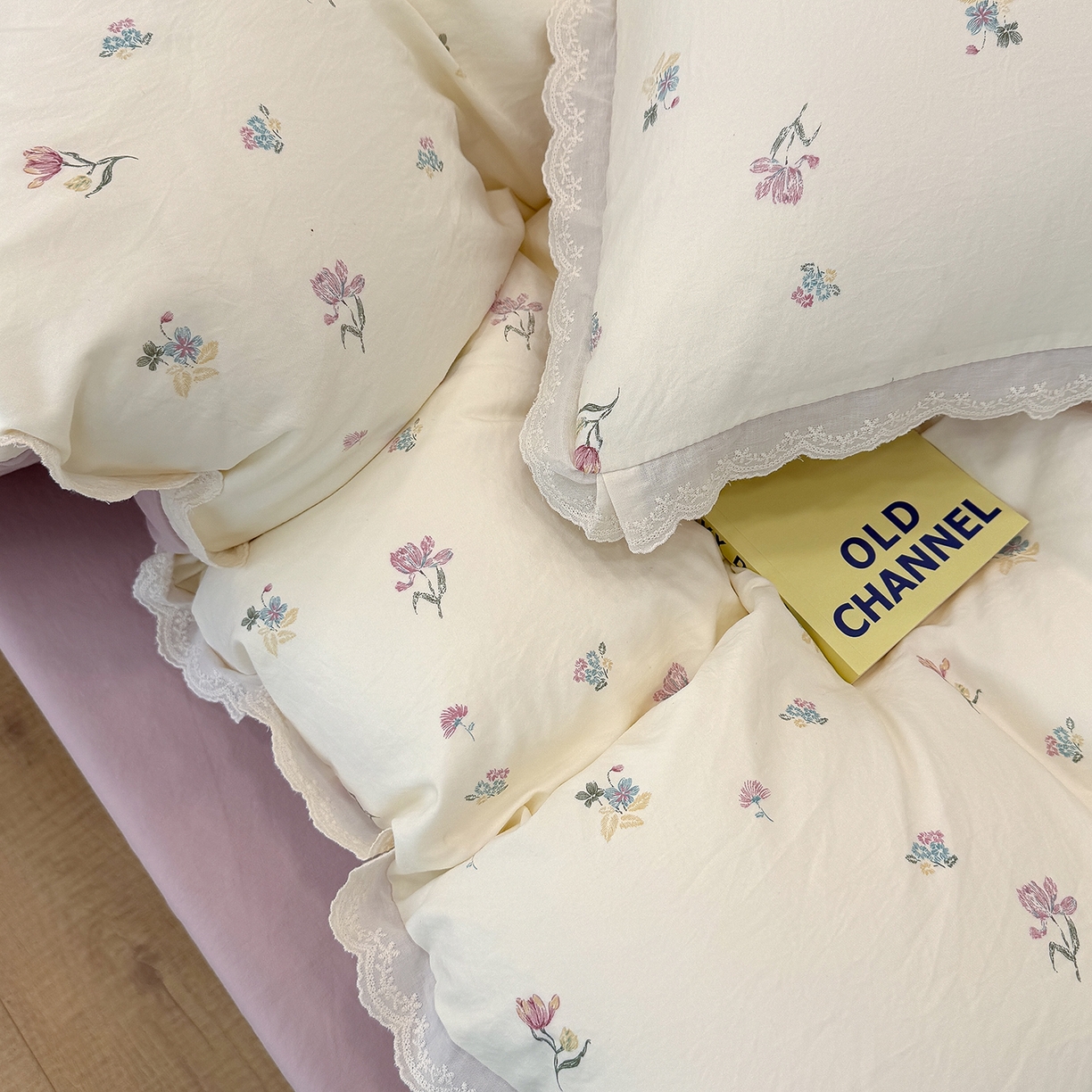 91家纺网 家纺一手货源 找家纺 竹合 2026新款田园韩版花边款小碎花古法水洗仿棉A类云感棉四件套 花漫漫