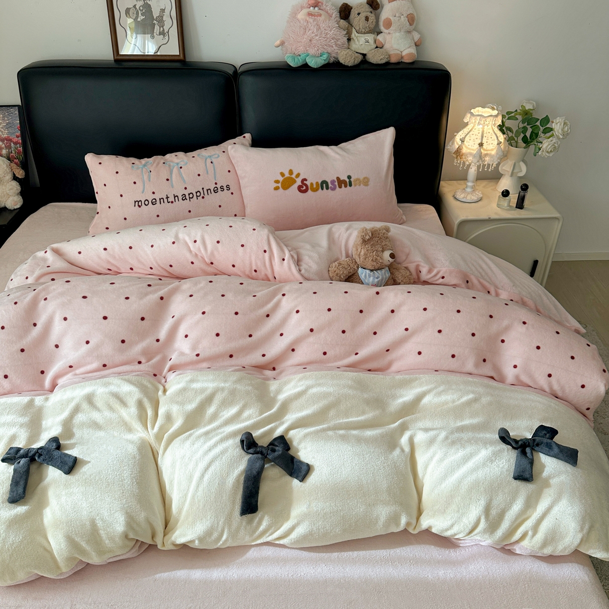 子钦家纺 2025秋冬新款加厚牛奶绒蝴蝶结公主风毛巾绣床单床笠四件套 牛奶绒公主风-粉波点