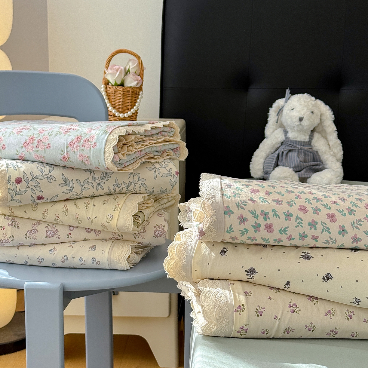 91家纺网 家纺一手货源 找家纺 竹合 2026新款田园韩版花边款小碎花古法水洗仿棉A类云感棉四件套 组合图