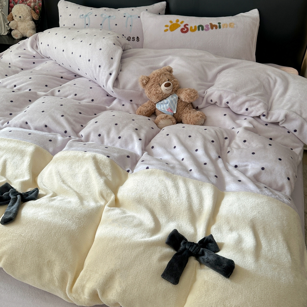 91家纺网 家纺一手货源 找家纺 （总）子钦家纺 2025秋冬新款加厚牛奶绒蝴蝶结公主风毛巾绣床单床笠四件套