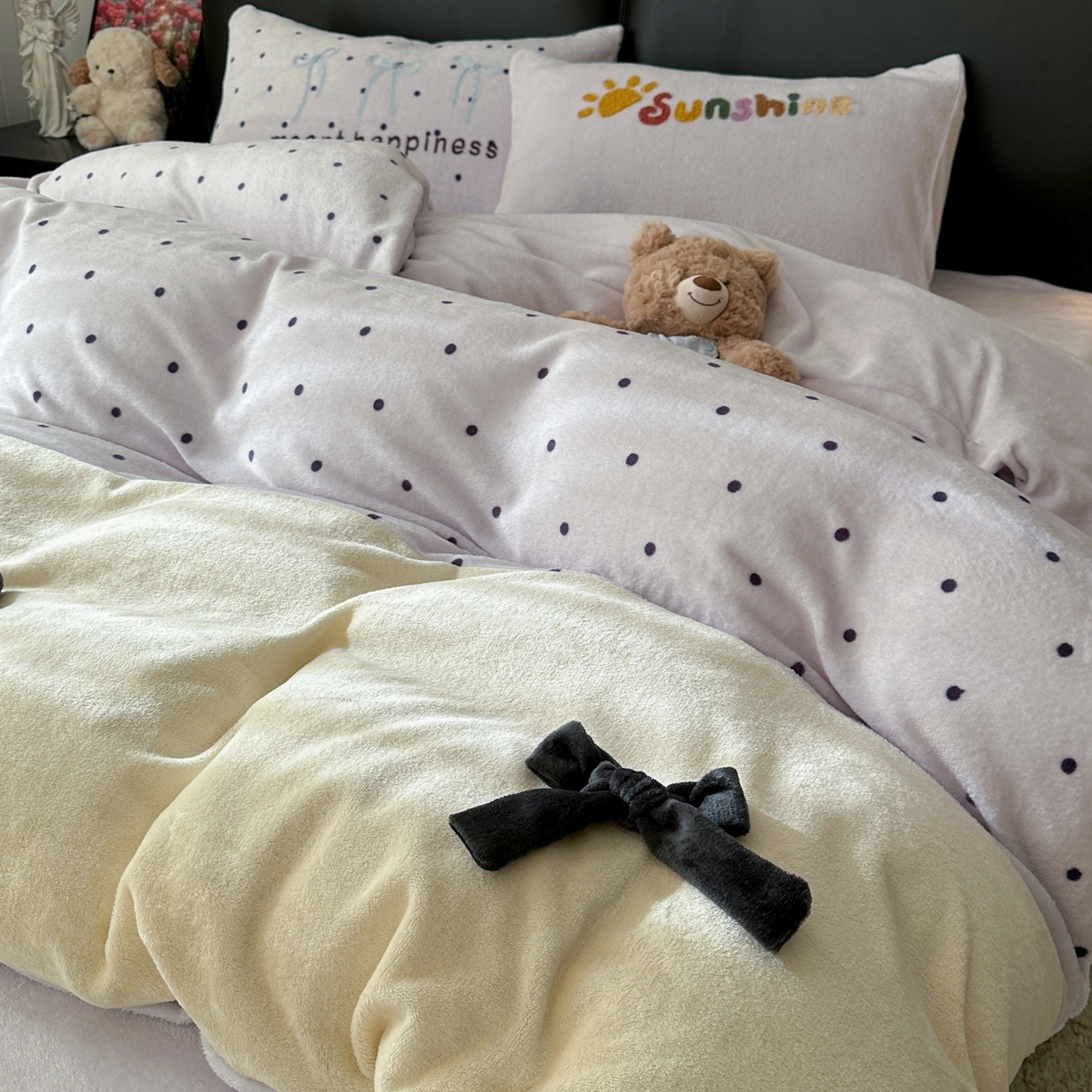 91家纺网 家纺一手货源 找家纺 （总）子钦家纺 2025秋冬新款加厚牛奶绒蝴蝶结公主风毛巾绣床单床笠四件套