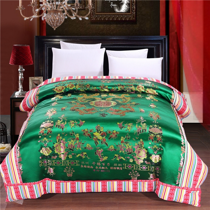 浩情国际婚庆供货中心 2026新品婚庆结婚绸缎面全棉老粗布经典款被套被单龙凤呈祥百子图大红绿长期供货 龙凤百子-绸缎被套深绿色