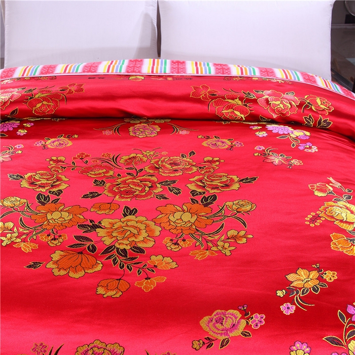 91家纺网 家纺一手货源 找家纺 浩情国际婚庆供货中心 2026新品婚庆结婚绸缎面全棉老粗布经典款被套被单龙凤呈祥百子图大红绿长期供货 花开富贵-绸缎被套 大红
