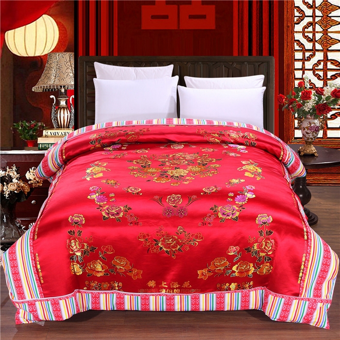 浩情国际婚庆供货中心 2026新品婚庆结婚绸缎面全棉老粗布经典款被套被单龙凤呈祥百子图大红绿长期供货 花开富贵-绸缎被套 大红