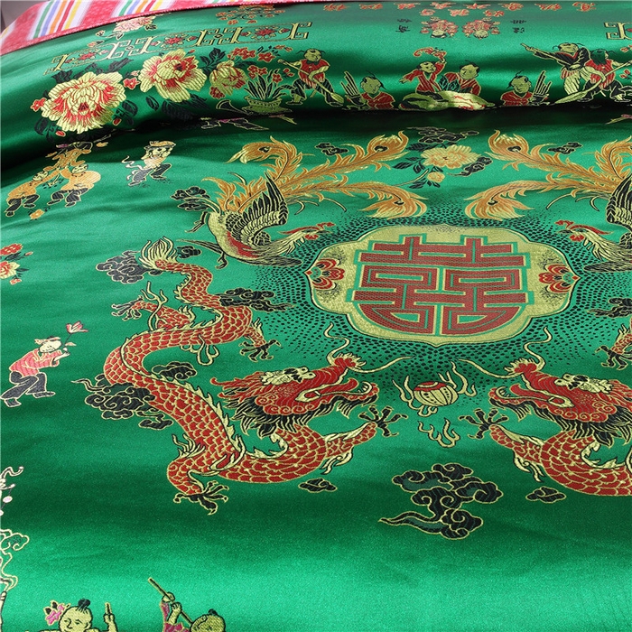 91家纺网 家纺一手货源 找家纺 浩情国际婚庆供货中心 2026新品婚庆结婚绸缎面全棉老粗布经典款被套被单龙凤呈祥百子图大红绿长期供货 龙凤百子-绸缎被套深绿色