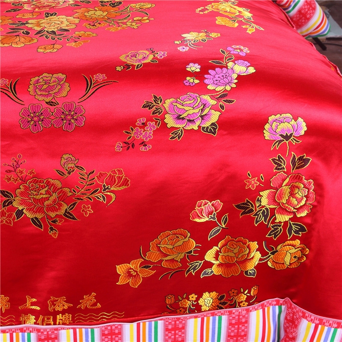 91家纺网 家纺一手货源 找家纺 浩情国际婚庆供货中心 2026新品婚庆结婚绸缎面全棉老粗布经典款被套被单龙凤呈祥百子图大红绿长期供货 花开富贵-绸缎被套 大红