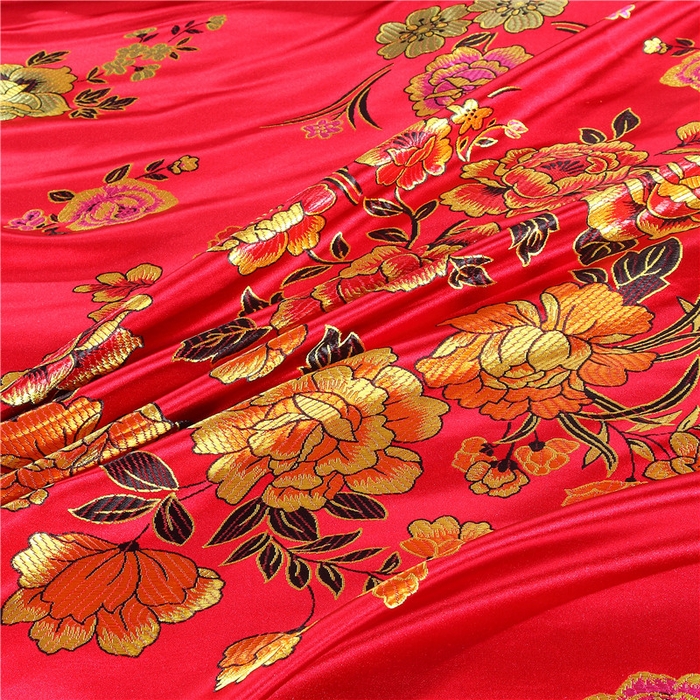 91家纺网 家纺一手货源 找家纺 浩情国际婚庆供货中心 2026新品婚庆结婚绸缎面全棉老粗布经典款被套被单龙凤呈祥百子图大红绿长期供货 花开富贵-绸缎被套 大红