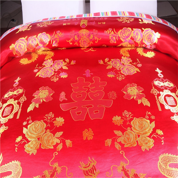 91家纺网 家纺一手货源 找家纺 浩情国际婚庆供货中心 2026新品婚庆结婚绸缎面全棉老粗布经典款被套被单龙凤呈祥百子图大红绿长期供货 龙凤呈祥-绸缎被套 -大红