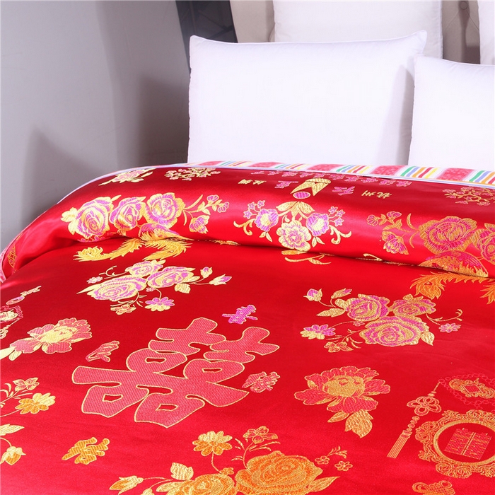 91家纺网 家纺一手货源 找家纺 浩情国际婚庆供货中心 2026新品婚庆结婚绸缎面全棉老粗布经典款被套被单龙凤呈祥百子图大红绿长期供货 龙凤呈祥-绸缎被套 -大红