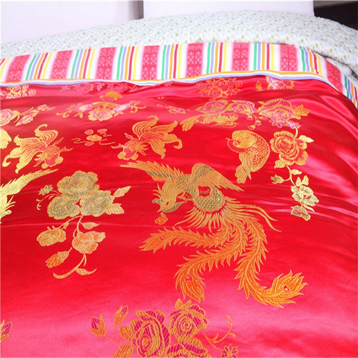 91家纺网 家纺一手货源 找家纺 浩情国际婚庆供货中心 2026新品婚庆结婚绸缎面全棉老粗布经典款被套被单龙凤呈祥百子图大红绿长期供货 龙凤呈祥-绸缎被套 -大红