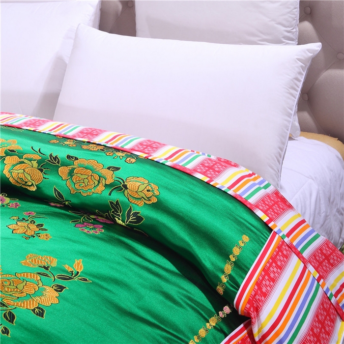 91家纺网 家纺一手货源 找家纺 浩情国际婚庆供货中心 2026新品婚庆结婚绸缎面全棉老粗布经典款被套被单龙凤呈祥百子图大红绿长期供货 花开富贵-绸缎被套 深绿色
