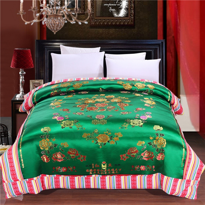 浩情国际婚庆供货中心 2026新品婚庆结婚绸缎面全棉老粗布经典款被套被单龙凤呈祥百子图大红绿长期供货 花开富贵-绸缎被套 深绿色