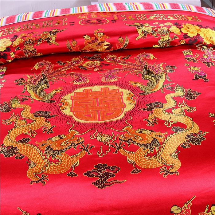 91家纺网 家纺一手货源 找家纺 浩情国际婚庆供货中心 2026新品婚庆结婚绸缎面全棉老粗布经典款被套被单龙凤呈祥百子图大红绿长期供货 龙凤百子-绸缎大红