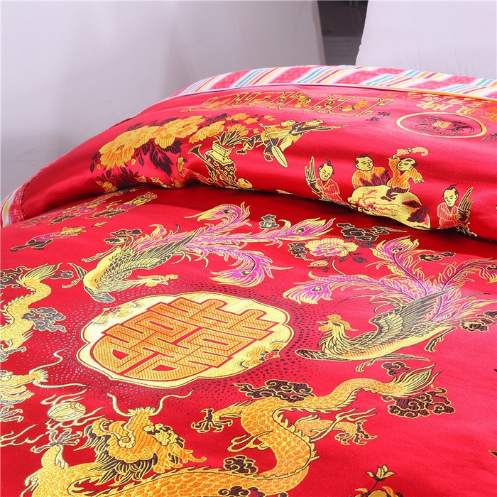 91家纺网 家纺一手货源 找家纺 浩情国际婚庆供货中心 2026新品婚庆结婚绸缎面全棉老粗布经典款被套被单龙凤呈祥百子图大红绿长期供货 龙凤百子-绸缎大红