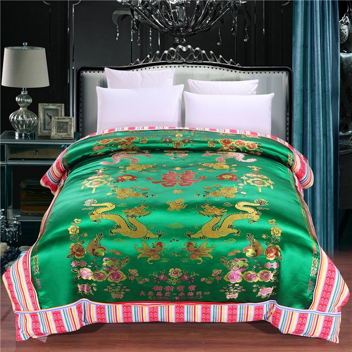 浩情国际婚庆供货中心 2026新品婚庆结婚绸缎面全棉老粗布经典款被套被单龙凤呈祥百子图大红绿长期供货 龙凤呈祥-绸缎被套 深绿色