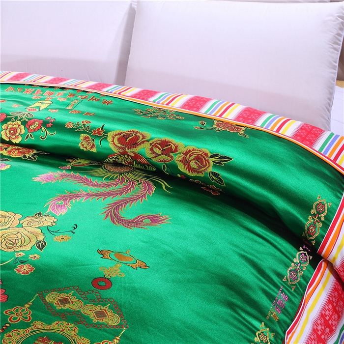 91家纺网 家纺一手货源 找家纺 浩情国际婚庆供货中心 2026新品婚庆结婚绸缎面全棉老粗布经典款被套被单龙凤呈祥百子图大红绿长期供货 龙凤呈祥-绸缎被套 深绿色