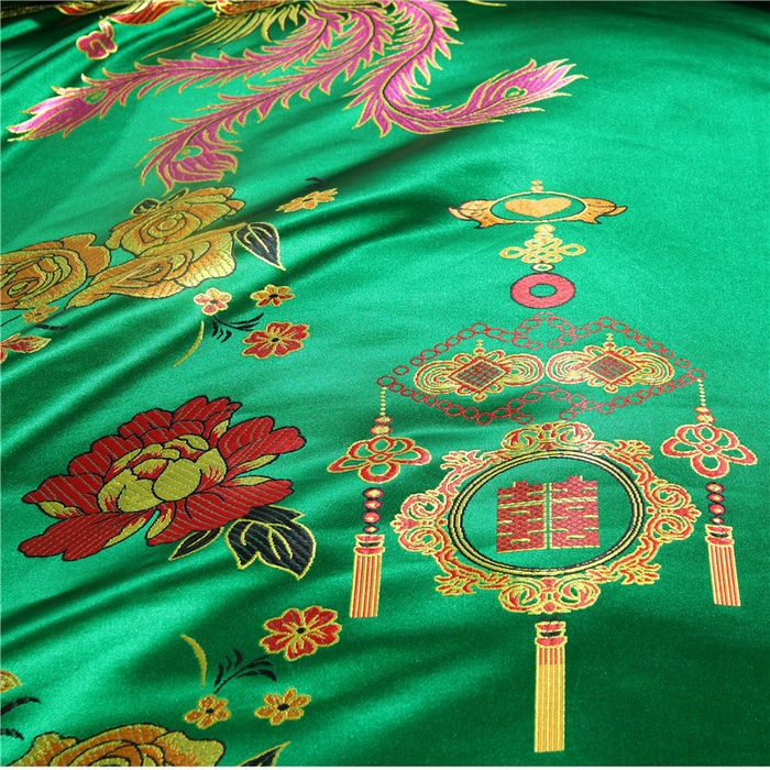 91家纺网 家纺一手货源 找家纺 浩情国际婚庆供货中心 2026新品婚庆结婚绸缎面全棉老粗布经典款被套被单龙凤呈祥百子图大红绿长期供货 龙凤呈祥-绸缎被套 深绿色