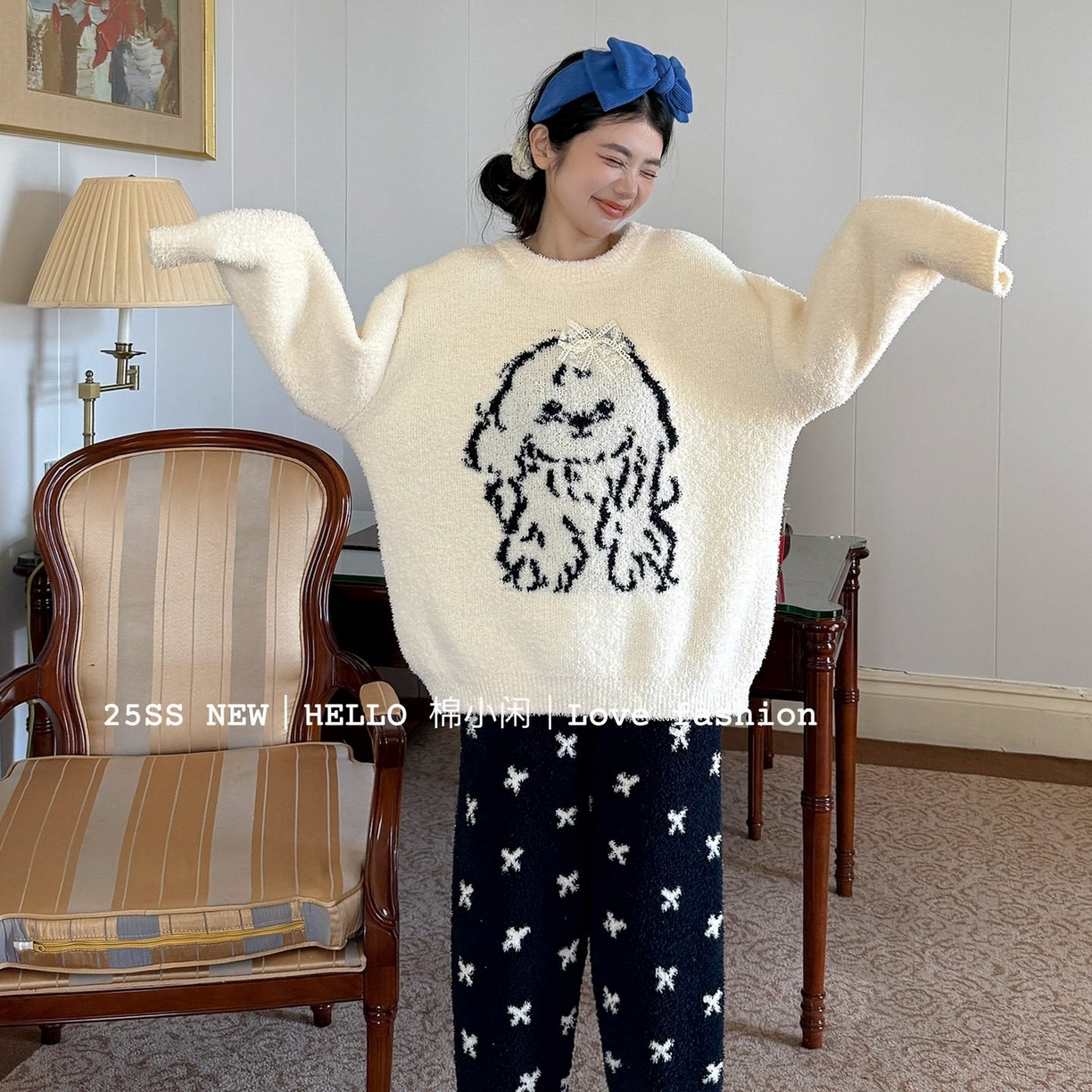 91家纺网 家纺一手货源 找家纺 （总）妍景家居生活馆 2025新款半边绒蝴蝶结狗狗白睡衣