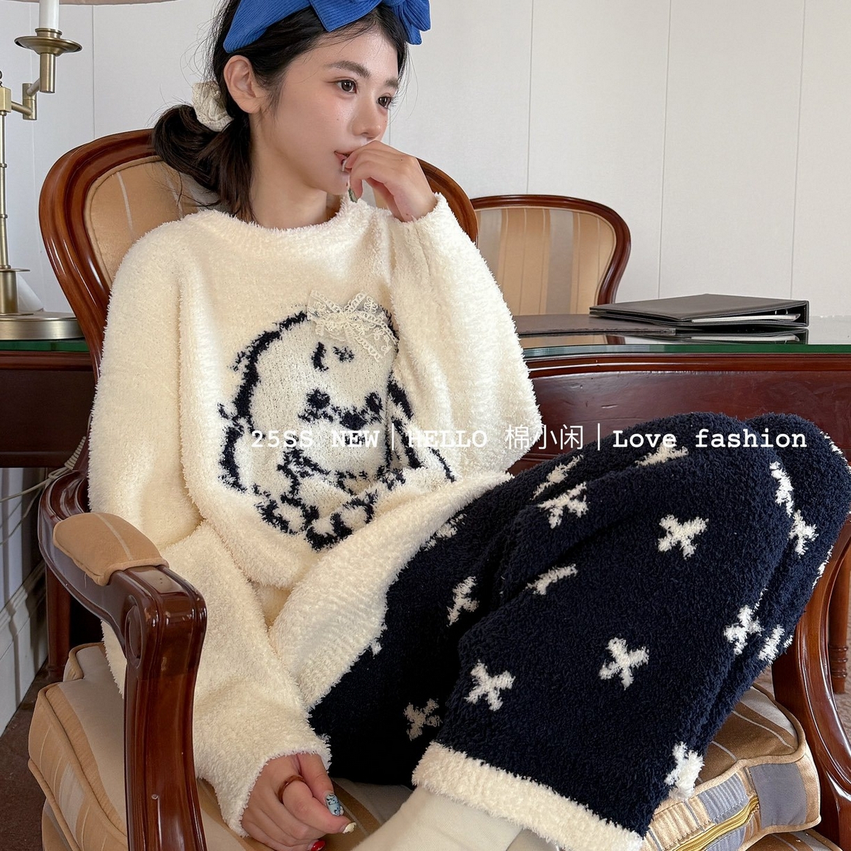 91家纺网 家纺一手货源 找家纺 （总）妍景家居生活馆 2025新款半边绒蝴蝶结狗狗白睡衣