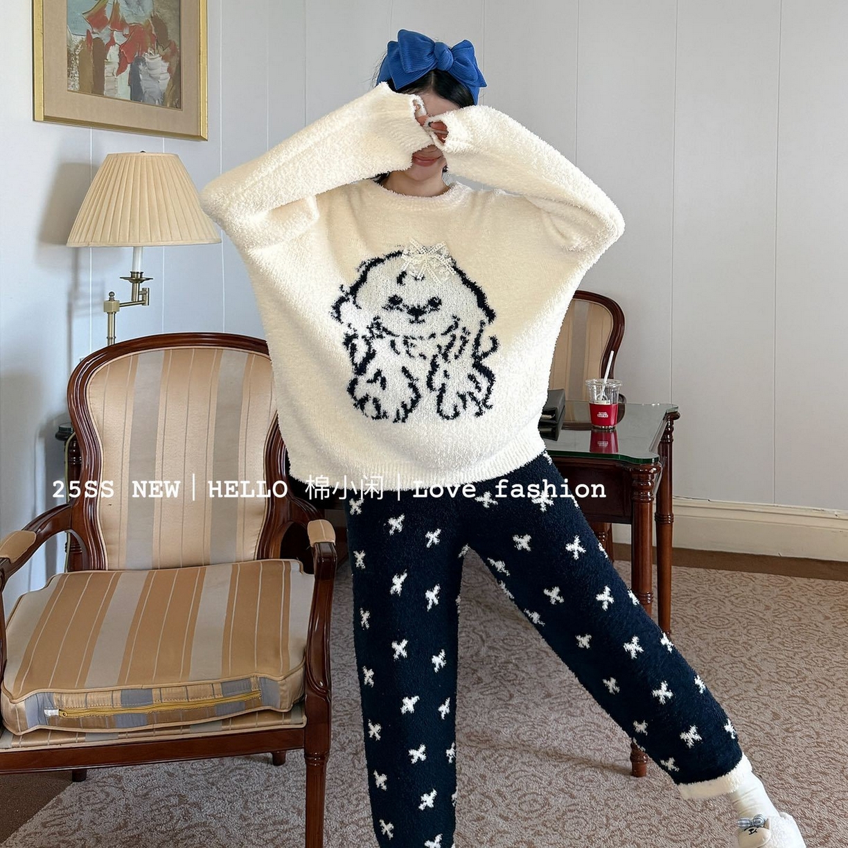 91家纺网 家纺一手货源 找家纺 （总）妍景家居生活馆 2025新款半边绒蝴蝶结狗狗白睡衣