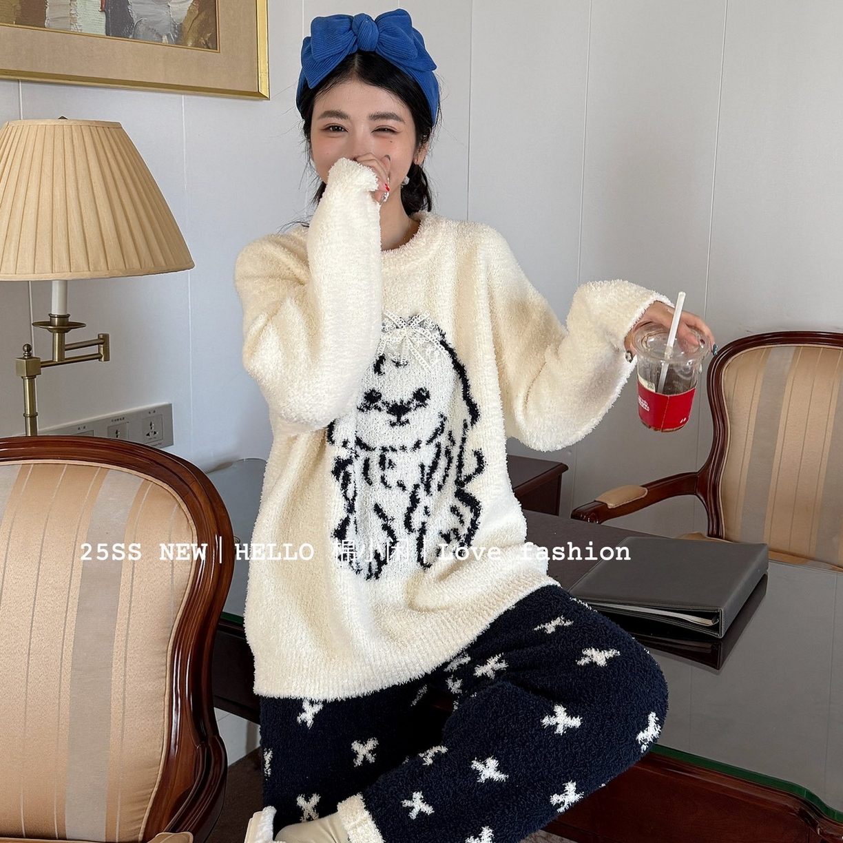 91家纺网 家纺一手货源 找家纺 （总）妍景家居生活馆 2025新款半边绒蝴蝶结狗狗白睡衣