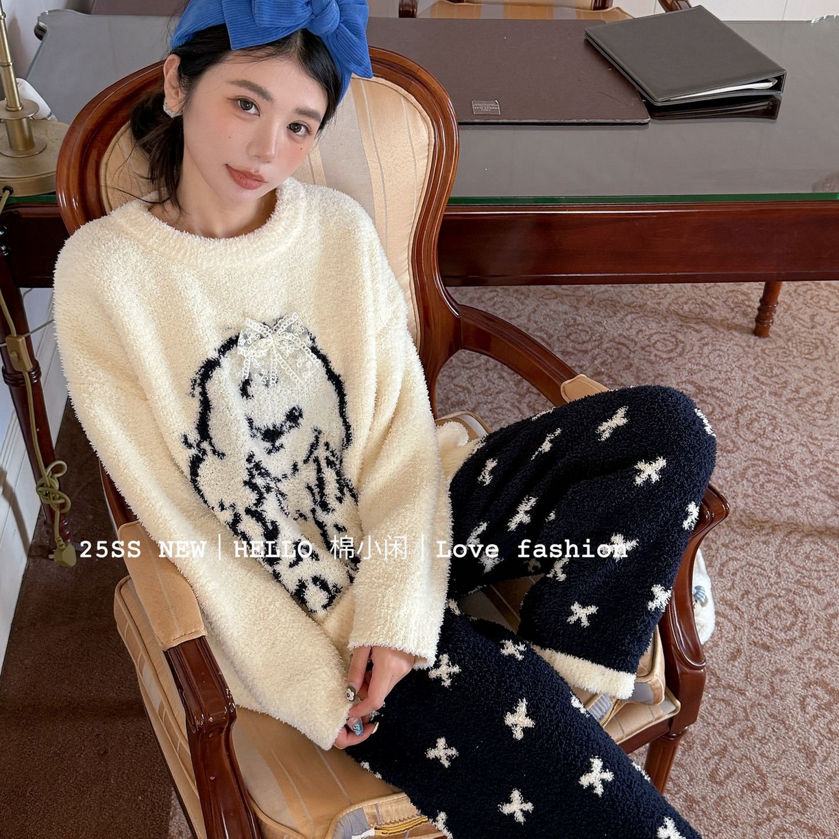 91家纺网 家纺一手货源 找家纺 （总）妍景家居生活馆 2025新款半边绒蝴蝶结狗狗白睡衣