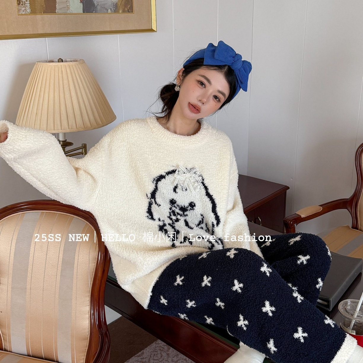 91家纺网 家纺一手货源 找家纺 （总）妍景家居生活馆 2025新款半边绒蝴蝶结狗狗白睡衣