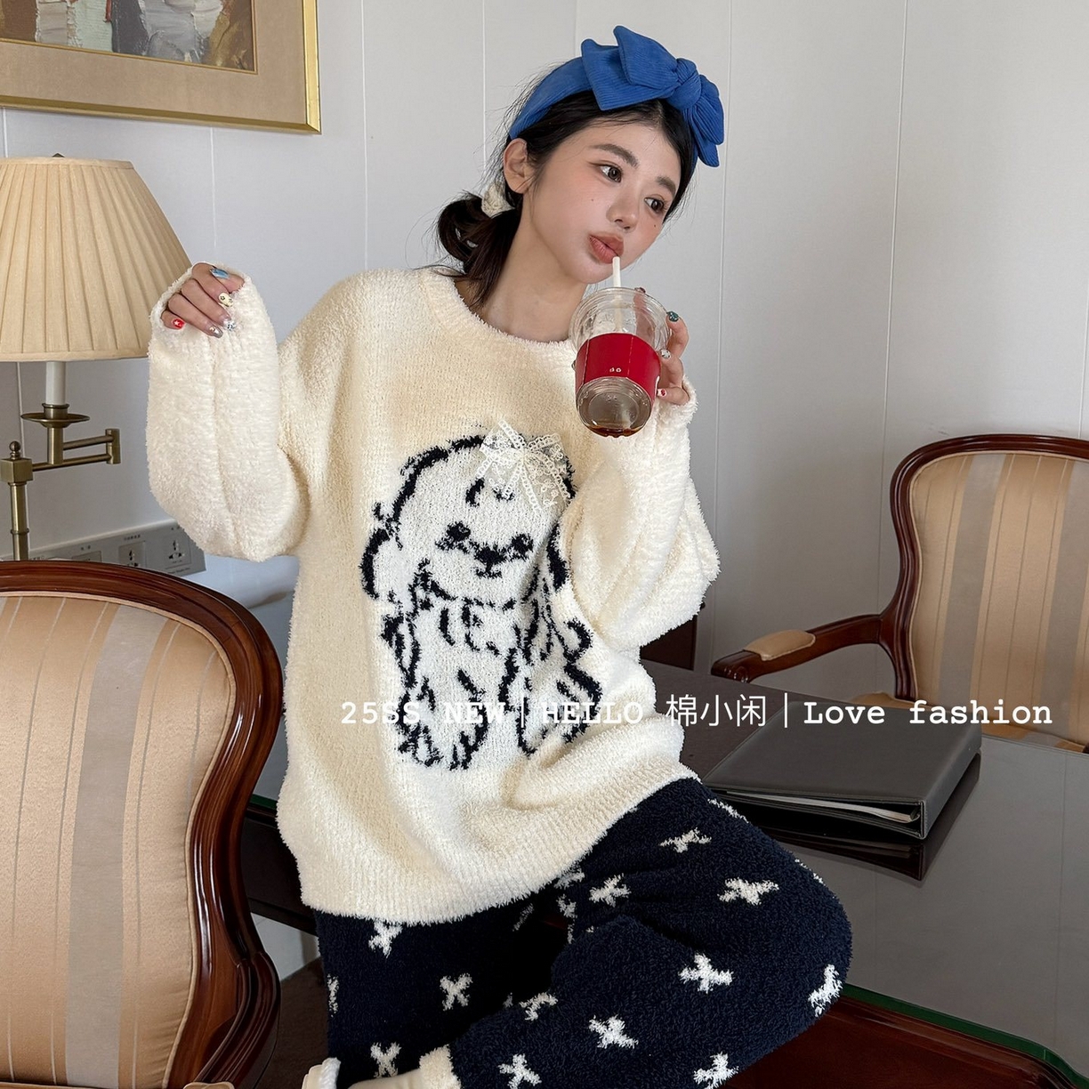 91家纺网 家纺一手货源 找家纺 （总）妍景家居生活馆 2025新款半边绒蝴蝶结狗狗白睡衣