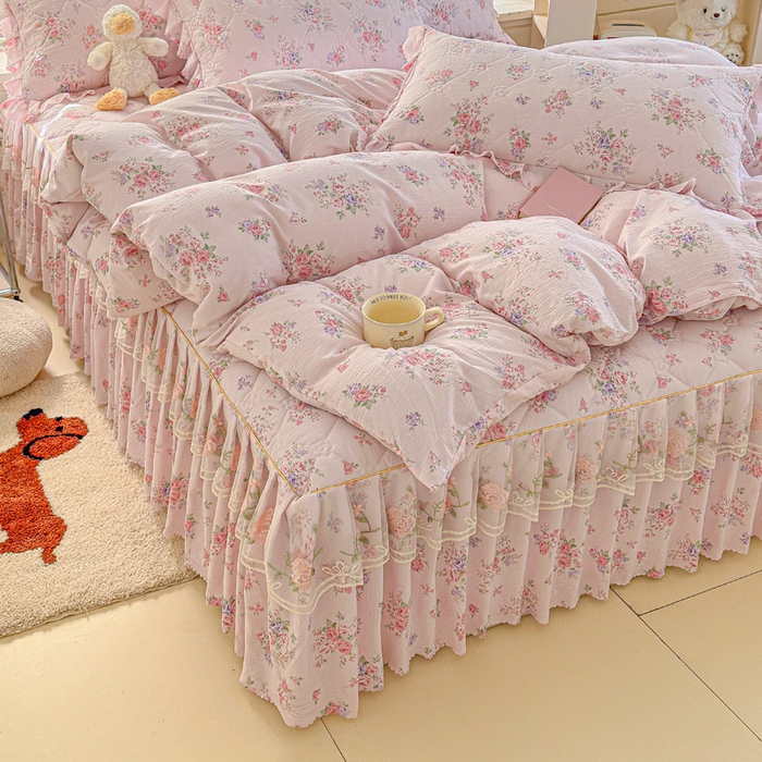 雨田家纺 2025新款夹棉蕾丝床裙四件套 樱花=粉