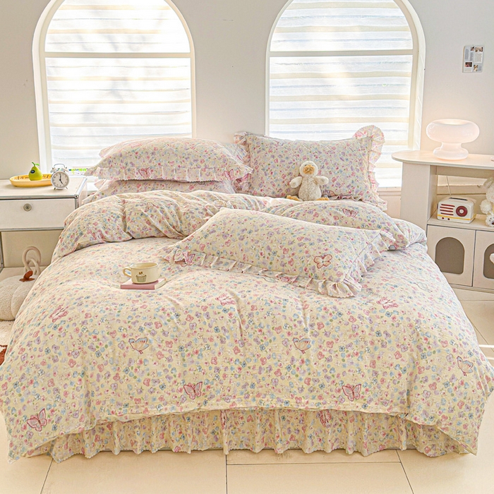 91家纺网 家纺一手货源 找家纺 雨田家纺 2025新款夹棉蕾丝床裙四件套 蝴蝶-粉