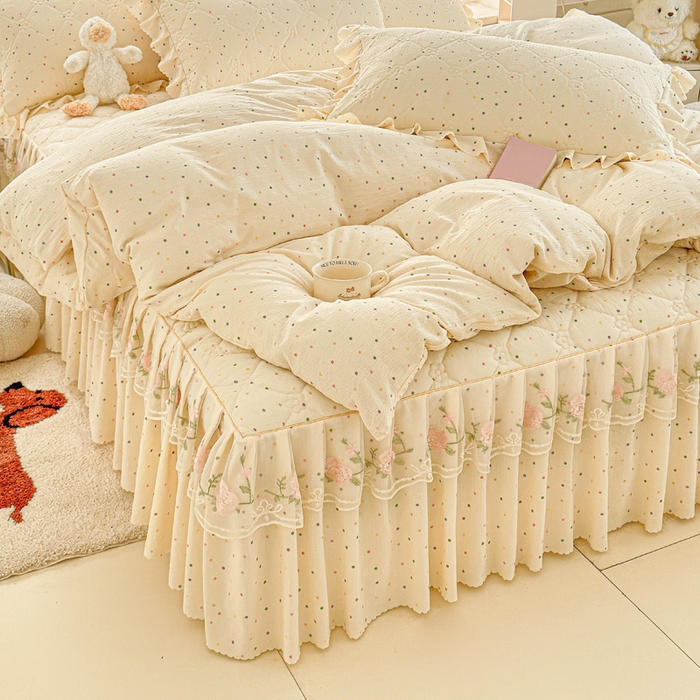 雨田家纺 2025新款夹棉蕾丝床裙四件套 彩色圆点