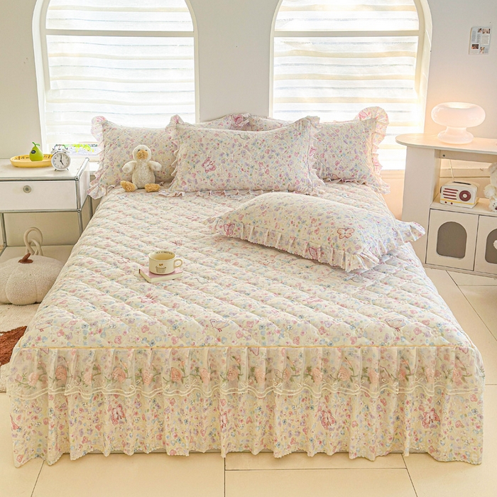 91家纺网 家纺一手货源 找家纺 雨田家纺 2025新款夹棉蕾丝床裙四件套 蝴蝶-粉