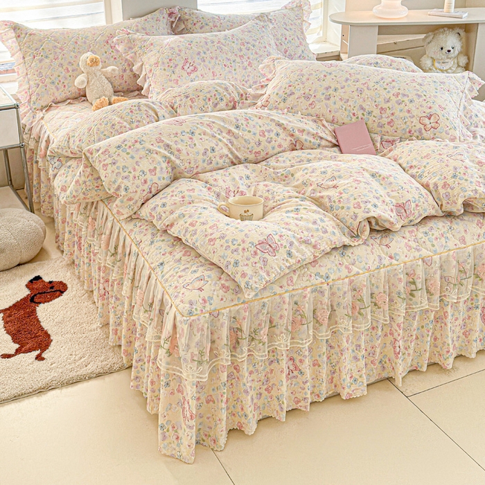 雨田家纺 2025新款夹棉蕾丝床裙四件套 蝴蝶-粉