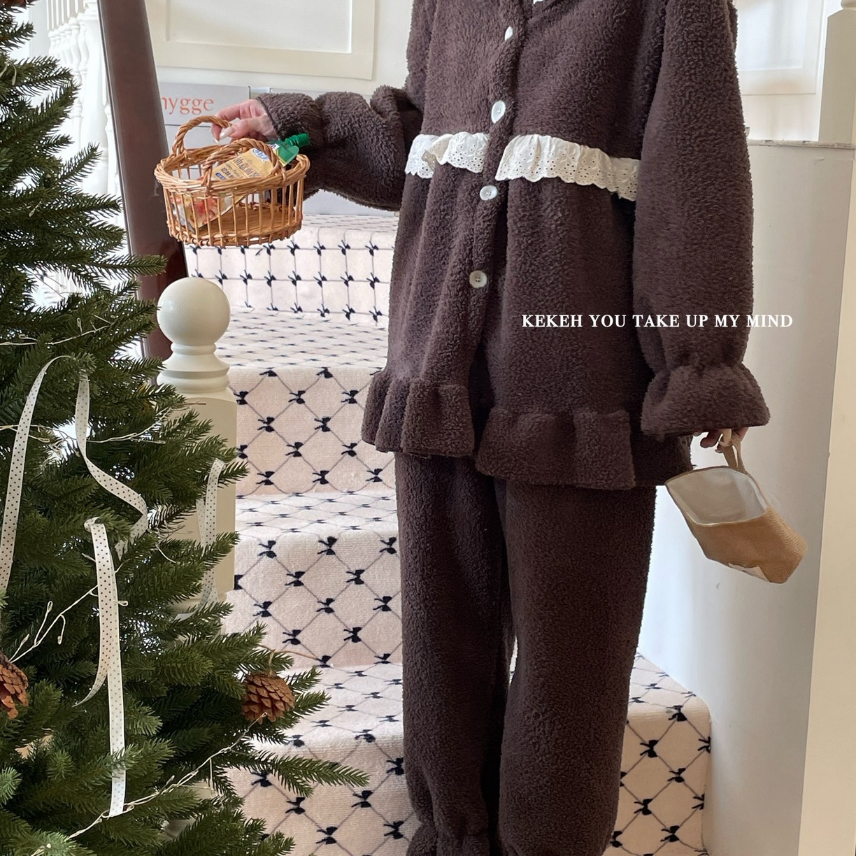 91家纺网 家纺一手货源 找家纺 妍景家居生活馆 2025新款韩系圆领小蕾丝套装 巧克力咖